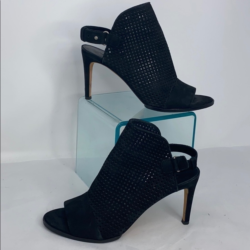 VINCE Sz 7.5 Black Perforated Suede Peep Toe Heels